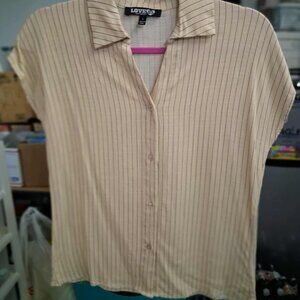 NWOT Love Yourself 83 Pinstriped Beige Blouse, Buttons and Collar, SIZE SMALL